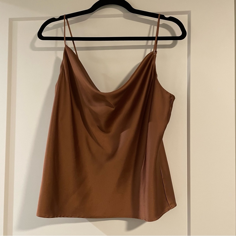 Satin Cowl Neck Cami Tank Top - Brown